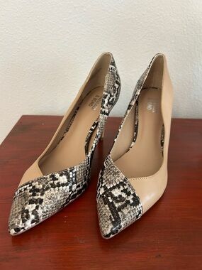 Beige and Snake-Print Pointed Toe Pumps by LIZ CLAIBORNE